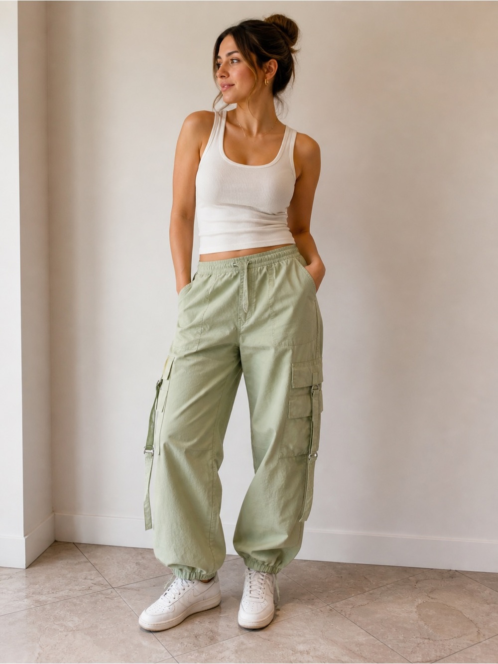Zara Light Green Cargo Track Pants